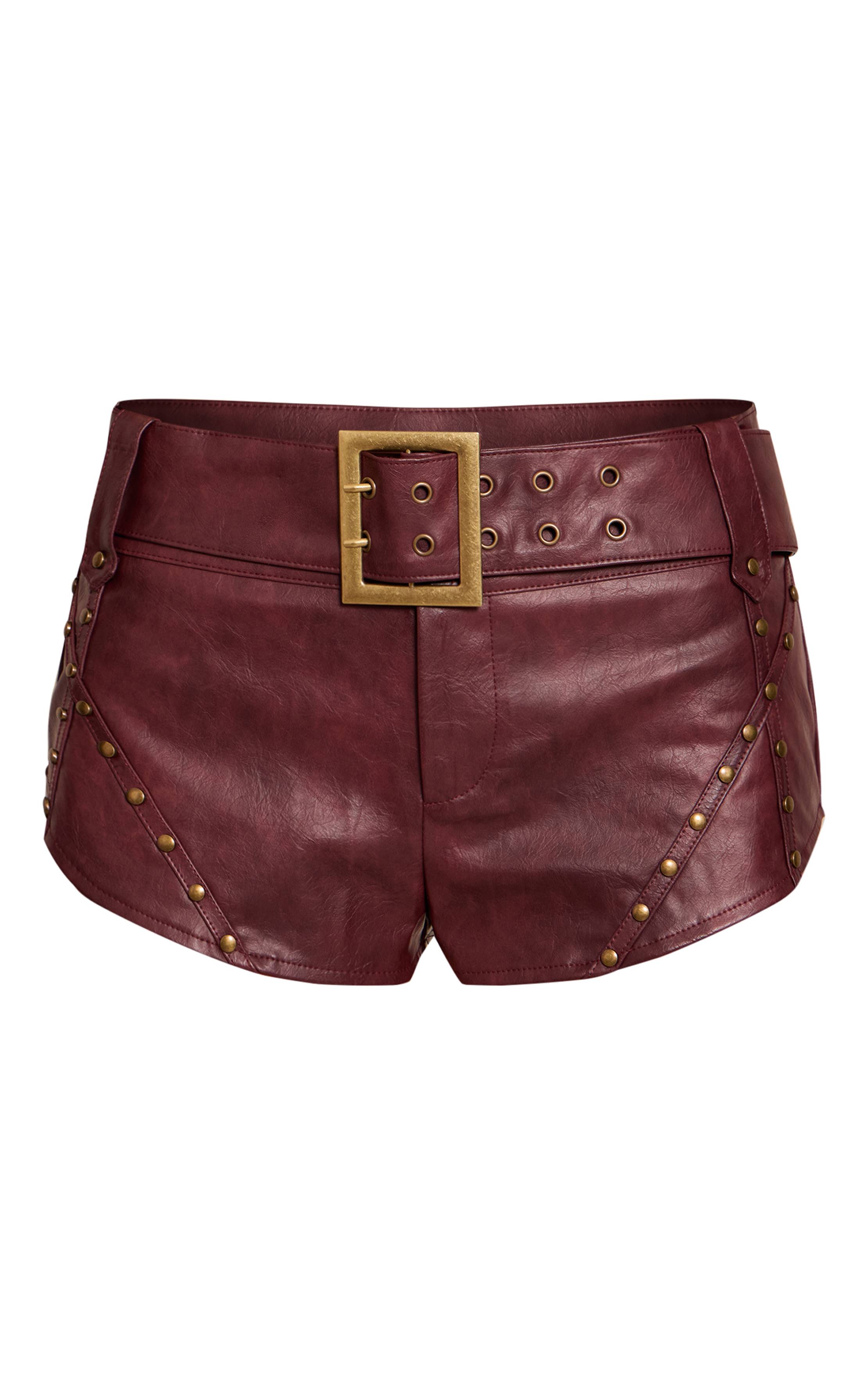 Rouge Bordeaux Short Taille Haute Ceinturé En Synthétique Clouté