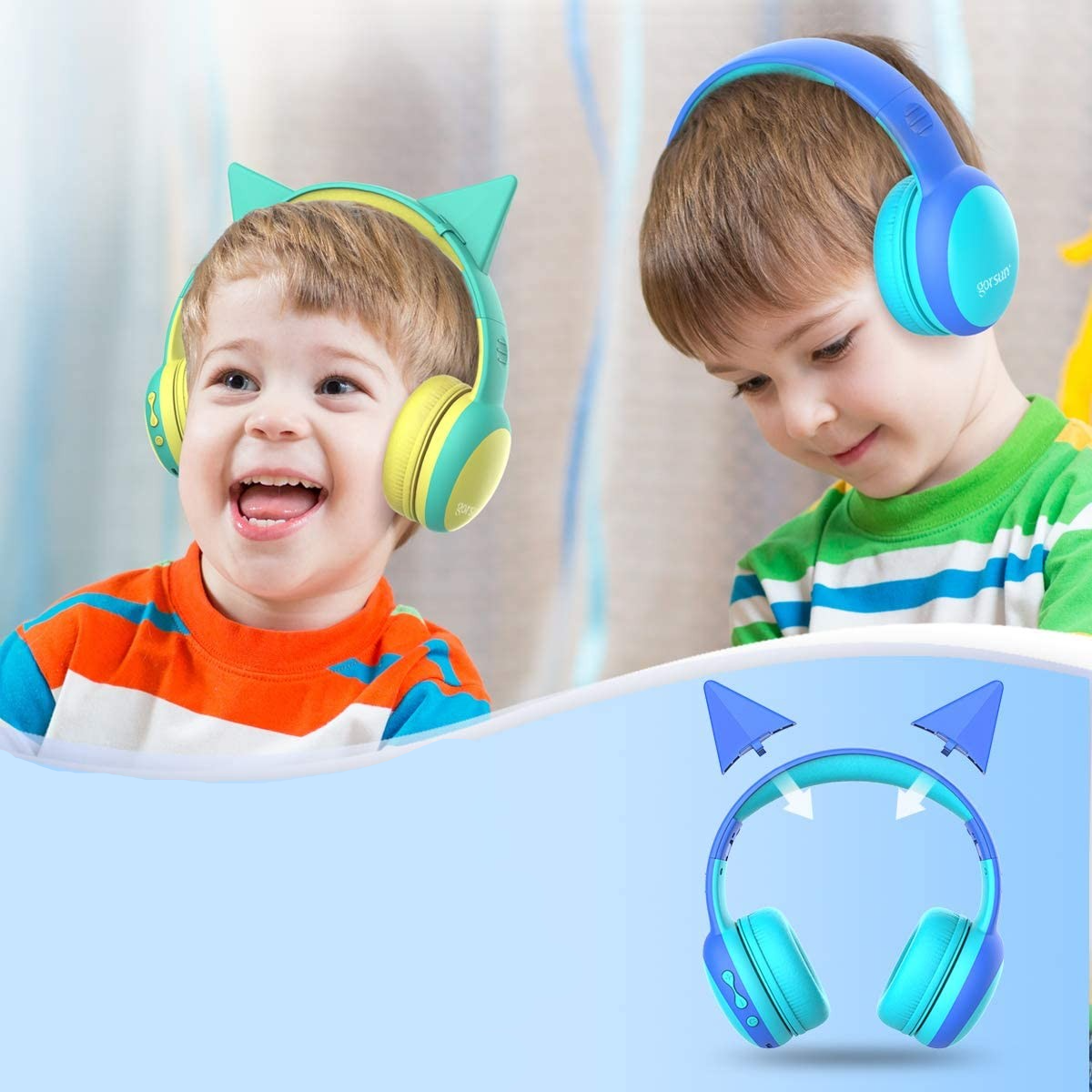 Kinder Kopfhörer 3.5mm Klinke On-Ear 85dB Begrenzte Lautstärke Grössenverstellbar mit Katzenohren - Blau