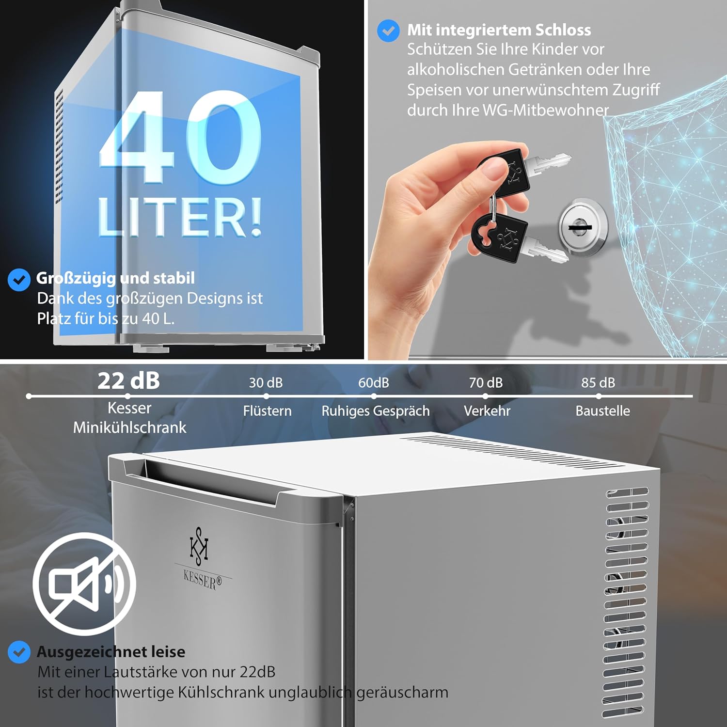 KESSER® Mini réfrigérateur avec Serrure, Mini Bar de 40 l, Silencieux, 22 DB, verrouillable, Chambre à Coucher, butée de Porte Amovible, env. 4 à 16 °C, Hauteur 57 cm, éclairage intérieur