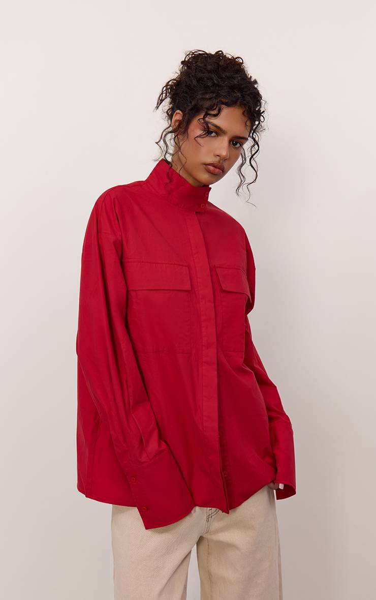 Rouge Chemise Oversize En Coton Avec Poches Détaillées