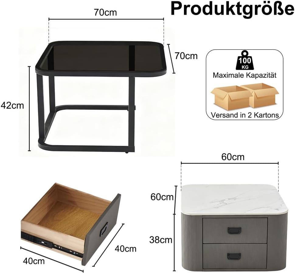 Couchtisch 2er Set, Weiße Marmor Satztisch mit Schubladen, Beistelltisch mit Metallrahmen und Glas, Platzsparender Moderne Sofatische für Schlafzimmer Wohnzimmer Balkon Wohnung,Quadratisch Grau