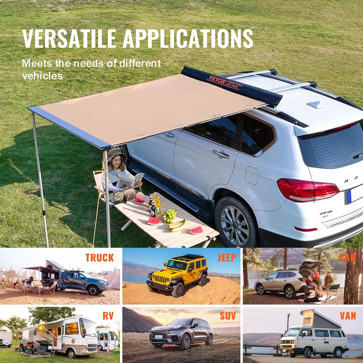 VEVOR Sonnensegel Wohnwagen 1,4x2m Sonnenvordach Wohnmobil UV50+ UV-Schutz Markise 280-g-Polyestergewebe Vorzelt PU3000mm Wasserdicht inkl. PVC-Tasche Ideal für Camping Familientreffen Ausflüge