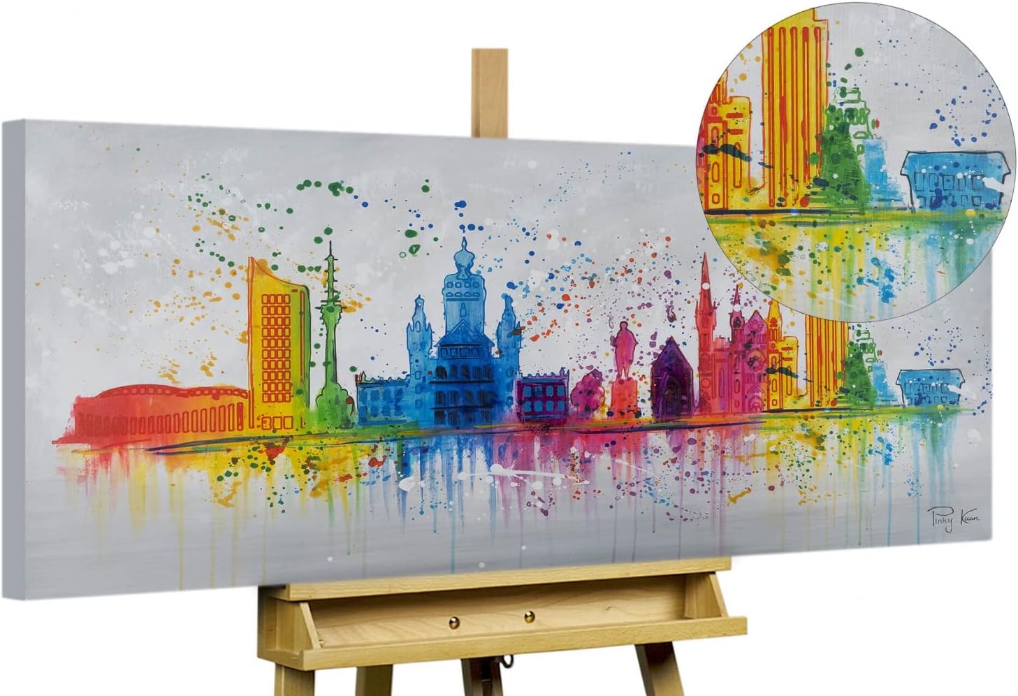 KunstLoft Leinwandbild | 100% HANDGEMALT | 120x60cm | Gemälde 'Leipzig Silhouette' | Skyline | Bunt Grau | Wandbild Wohnzimmer