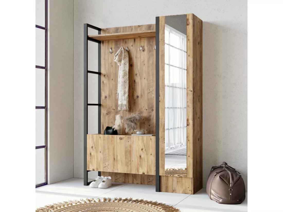 Meuble d'entrée Dmarocchin, Crochet d'entrée, Composition pour l'atrium, Console de rangement multifonction, 126x34 h180 cm, Chêne