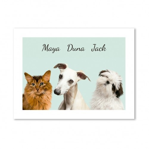 Retrato personalizado e realista de 3 animais de estimação da MascoZoom em arquivo digital multicolorido.