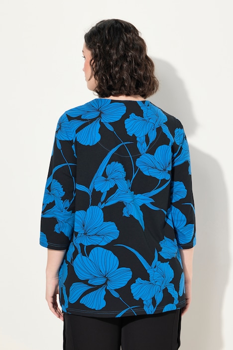 Shirt, Blüten, A-Linie, Tunika-Ausschnitt, 3/4-Arm