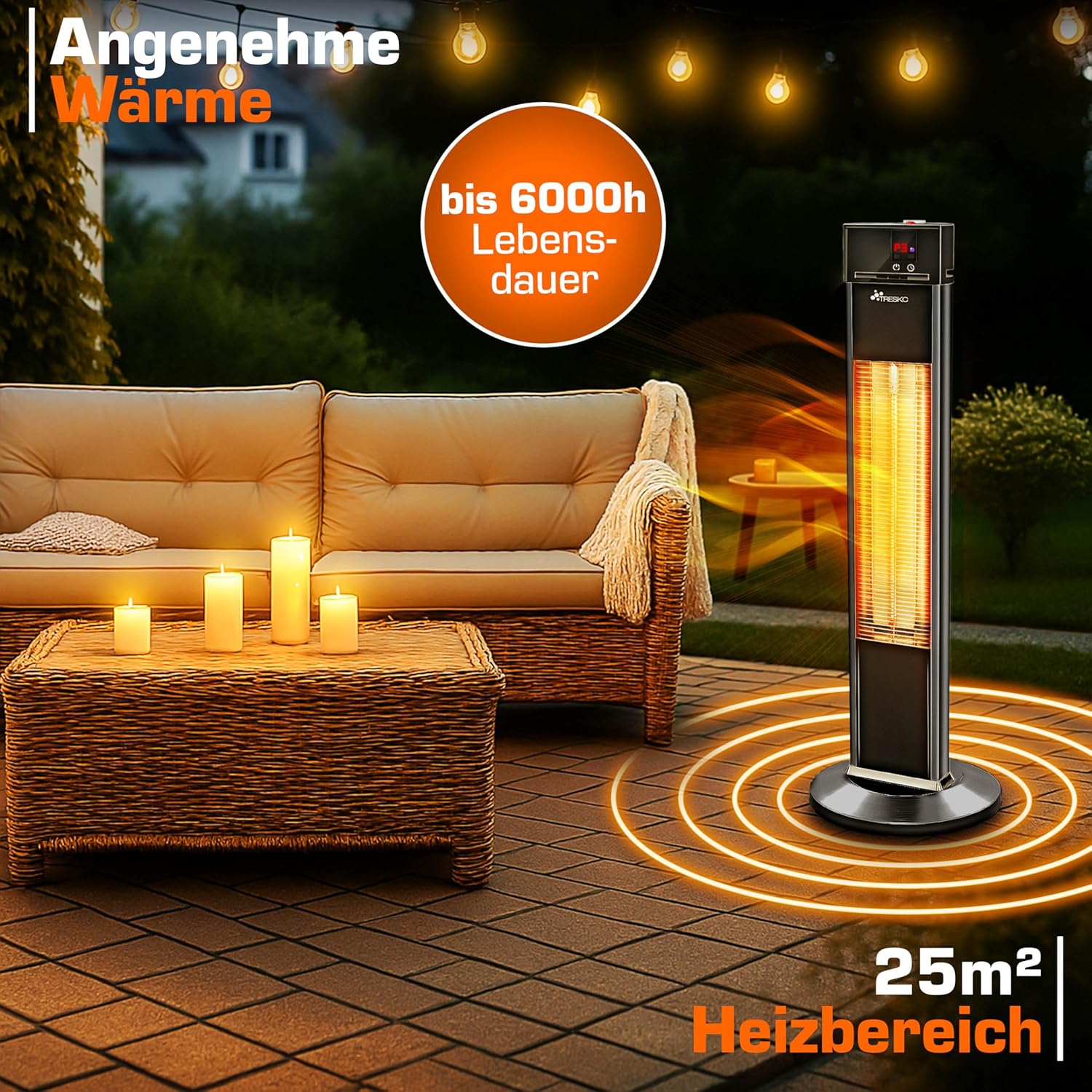 TRESKO Infrarot Stand-Heizstrahler 2000W mit Fernbedienung | Wärmestrahler Terrasse elektrisch mit 3 Heizstufen | Terrassenstrahler Innen & Außen | Infrarotstrahler mit LED-Anzeige