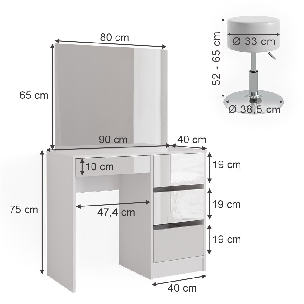 Vicco Schminktisch Frisiertisch Frisierkommode Sherry Weiß Schminkspiegel Hocker 90x75 cm modern Schlafzimmer Kommode Schublade Ablage Aufbewahrung Kosmetiktisch Make-Up-Tisch Hochglanz