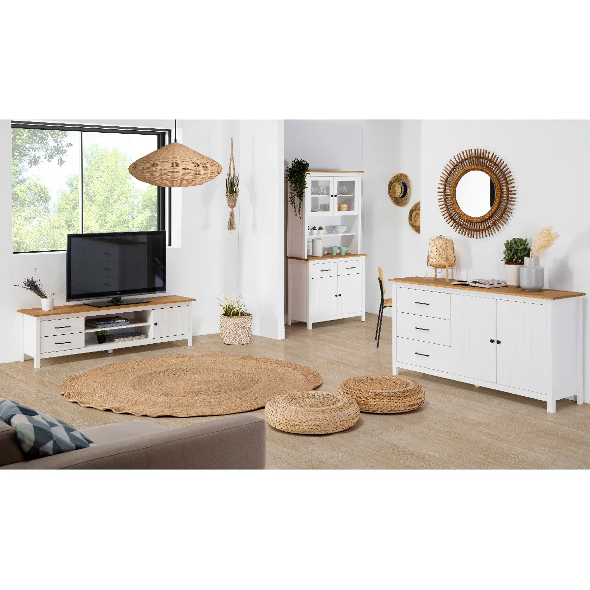 Pegane Meuble TV pin massif - 158 cm - Chêne/Blanc