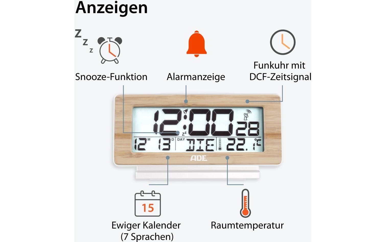 Digitalwecker Temperatur-& DatumsanzeigeFunkwecker mit Kalender und Schlummerfunktion