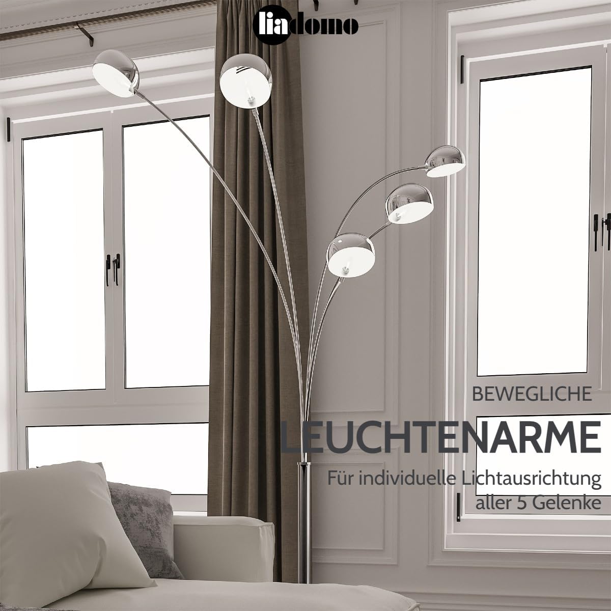 Stehleuchte Penta – 5-flammig – edler Marmorfuß – verstellbare Leuchtenarme – für Wohnzimmer – E14 (Chrom)