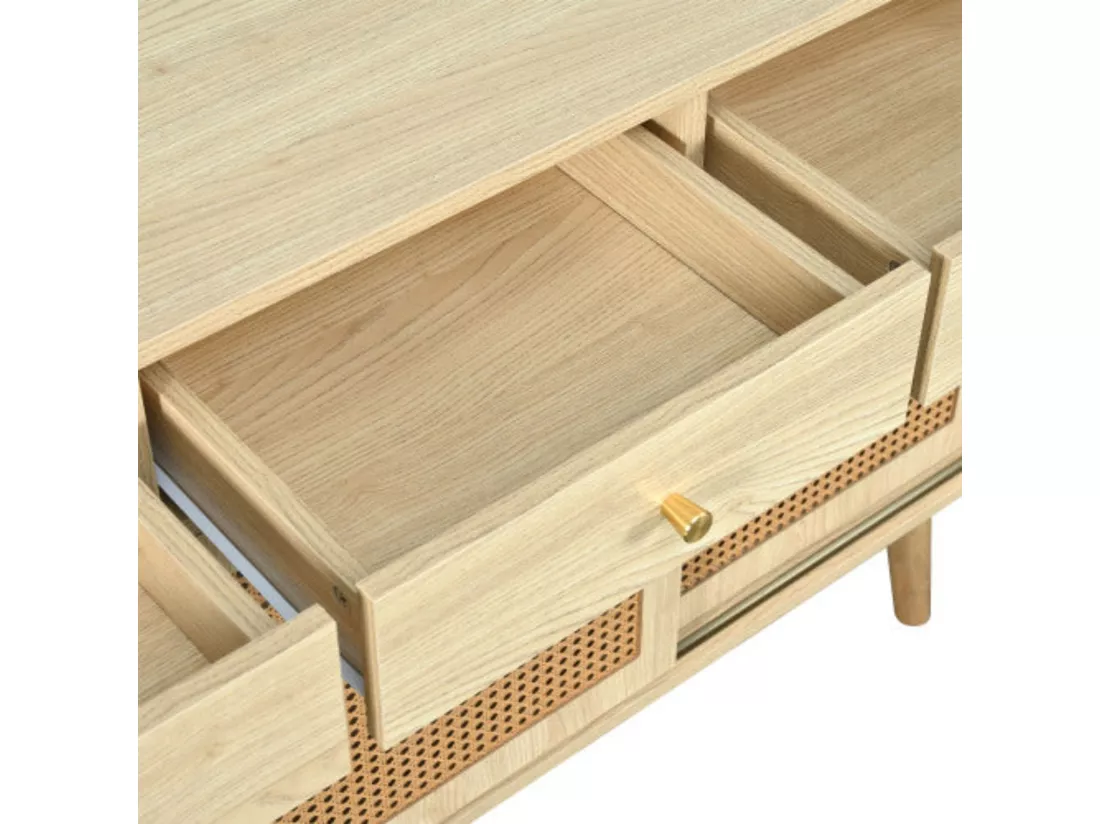 Buffet en chêne avec tiroirs et porte coulissante en rotin, coloris chêne,d120cm×h78cm