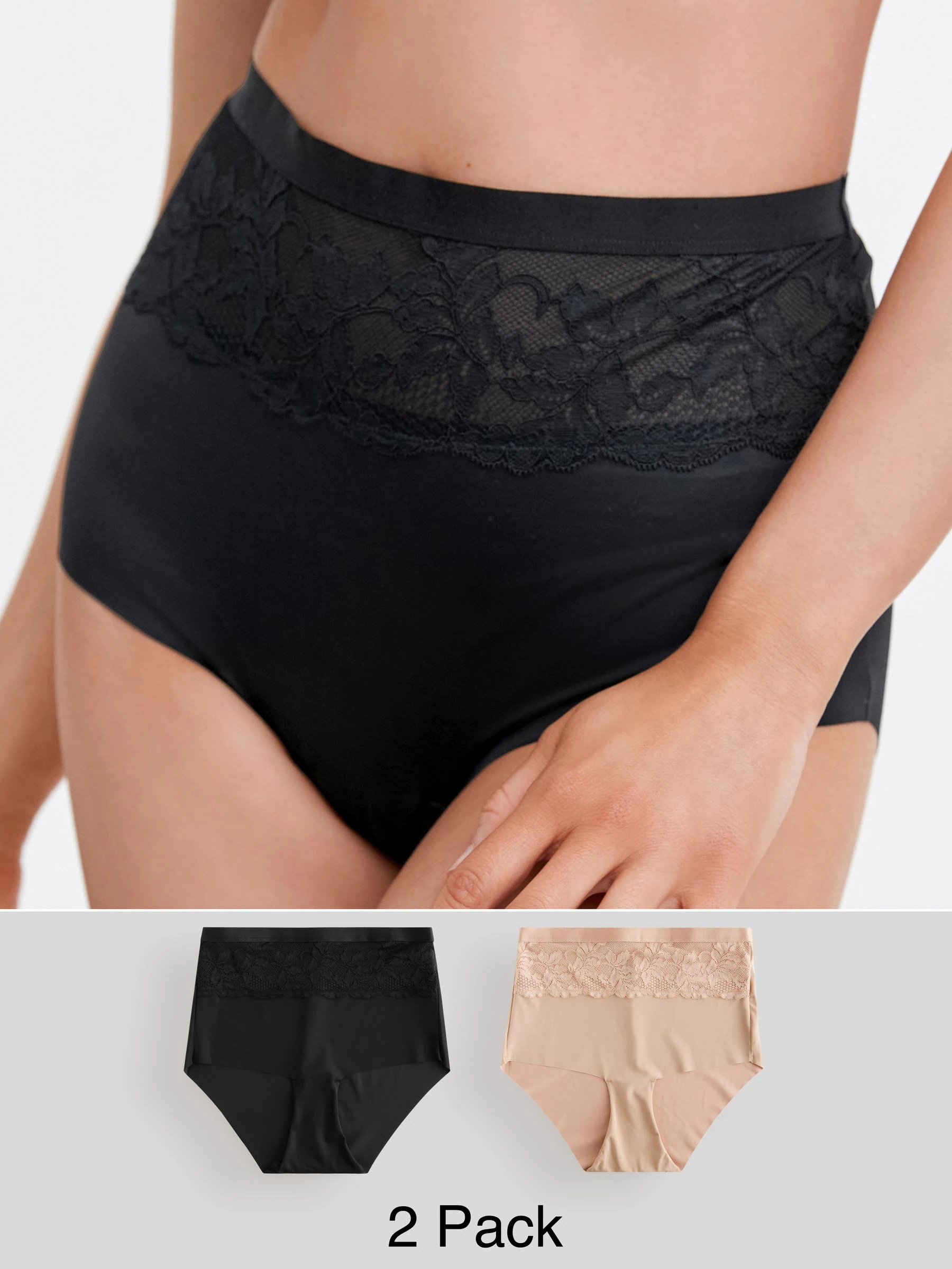 Zwart/huidskleurig - 2 Slipjes met licht buikcorrigerende hoge taille