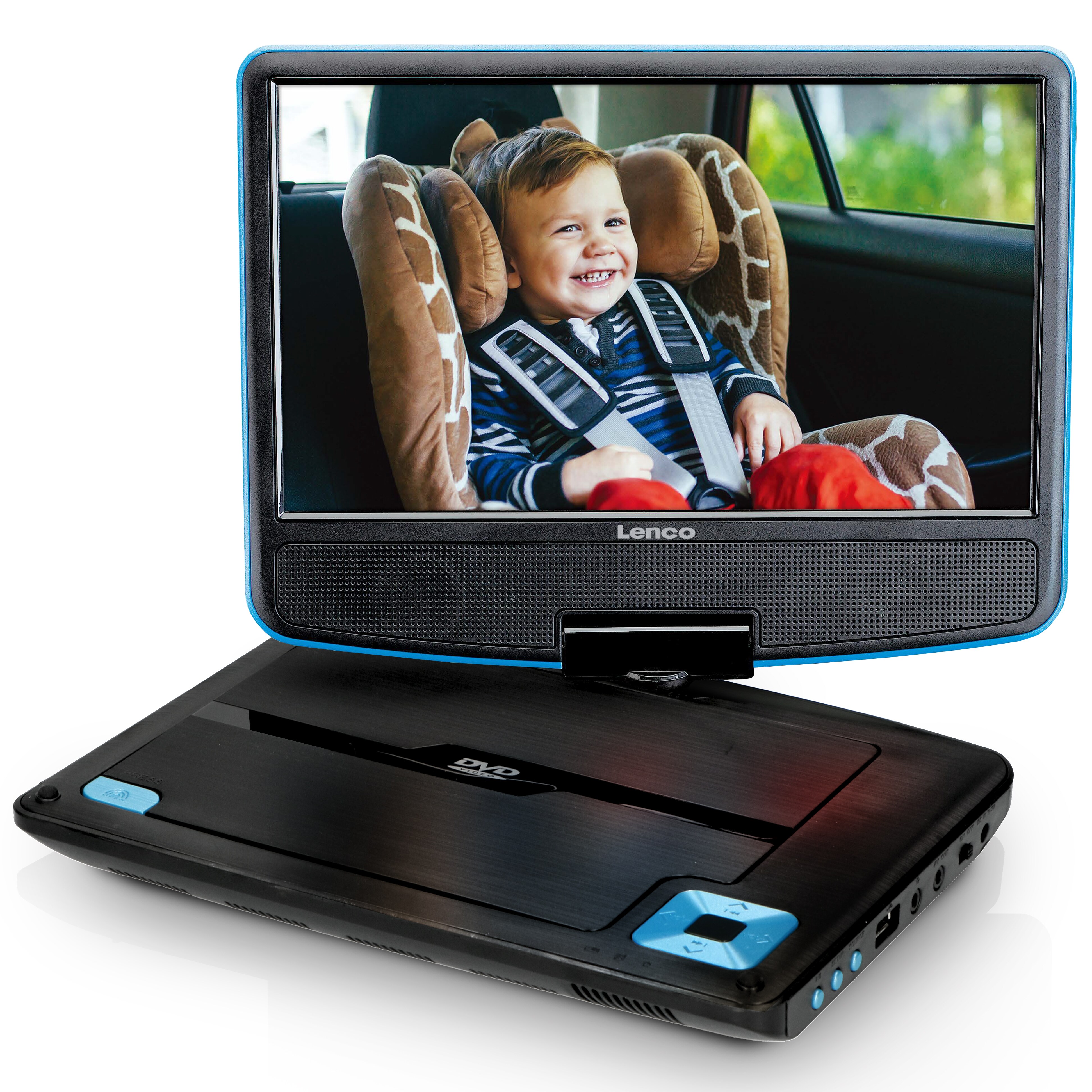 Lenco DVP-910BU - 9 Zoll tragbarer DVD-Spieler mit Kopfhörer und Kopfstützenbefestigung - integrierter Akku - USB-Eingang - Blau/Schwarz