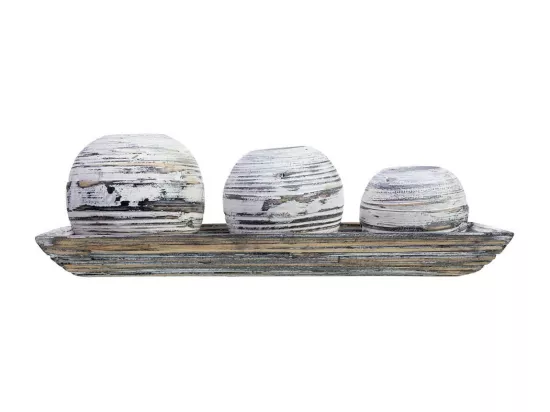 Ensemble plateau et 3 bougeoirs en bois de bambou blanc 33x13x3h cm