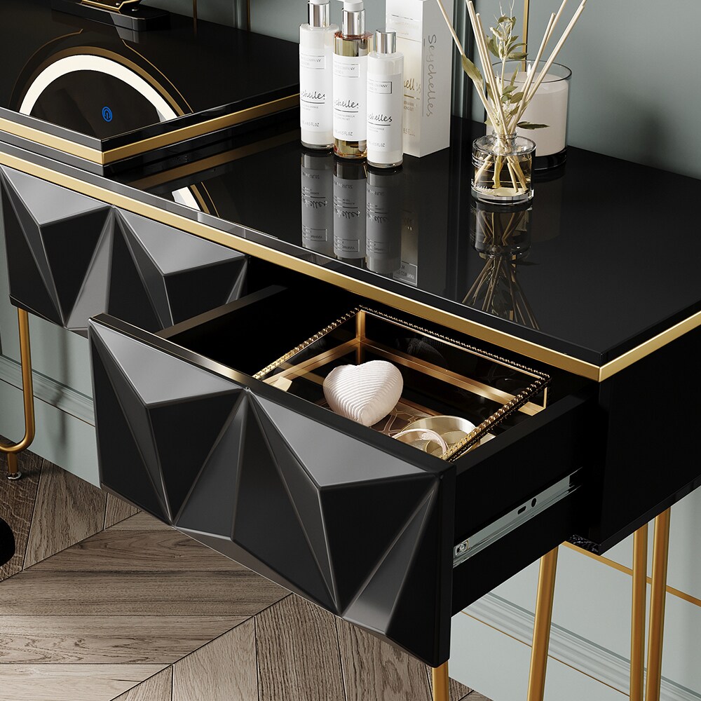 Vicco Schminktisch Bella 120x37cm, Schwarz, Frisiertisch mit LED-Spiegel & Hocker