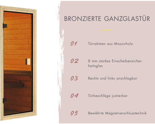 Karibu Bodo modulaire sauna zonder oven en dakkroon, met gebronsde volledig glazen deur