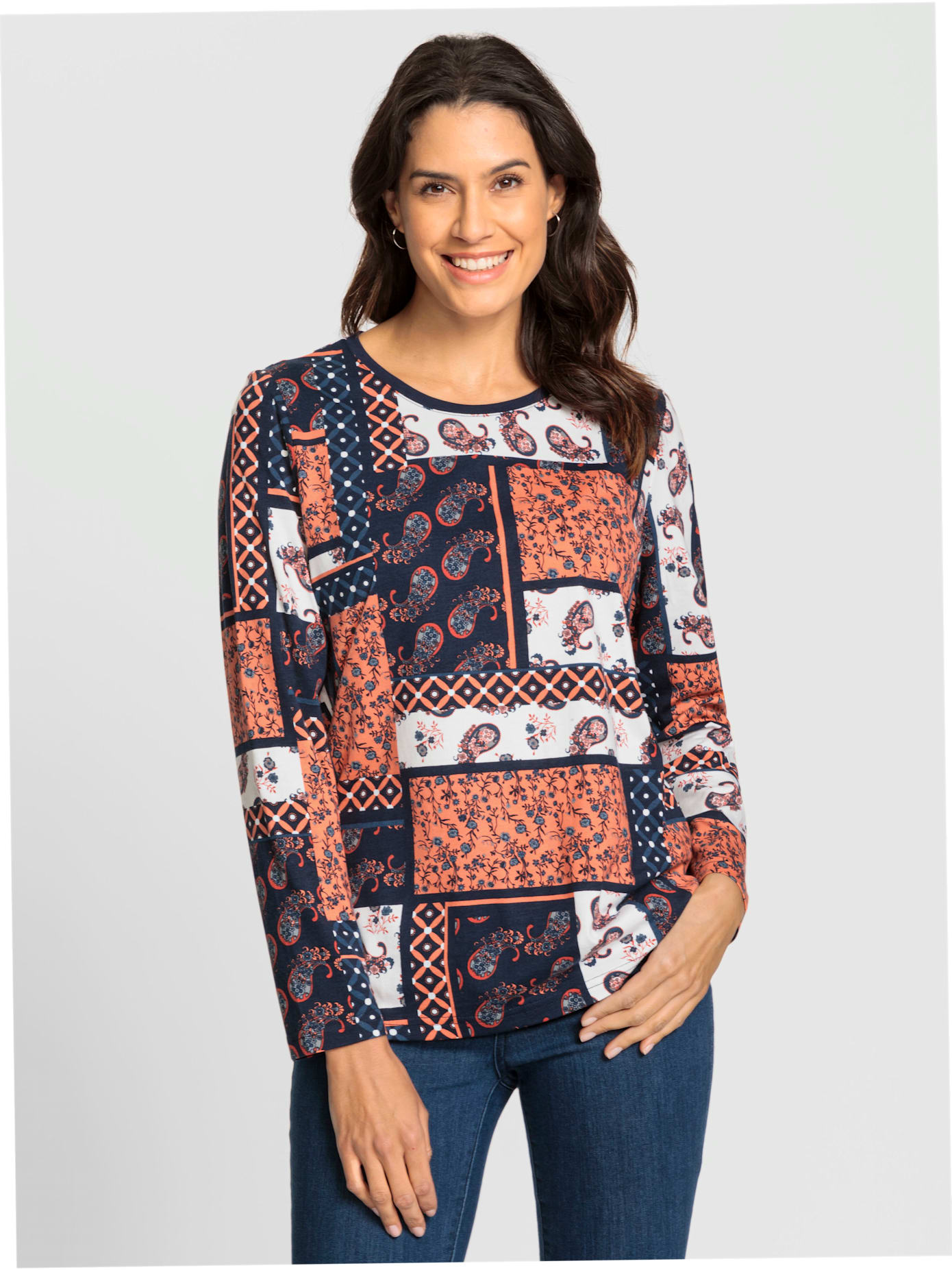 T-shirt mélange coton-modal col rond manches longues