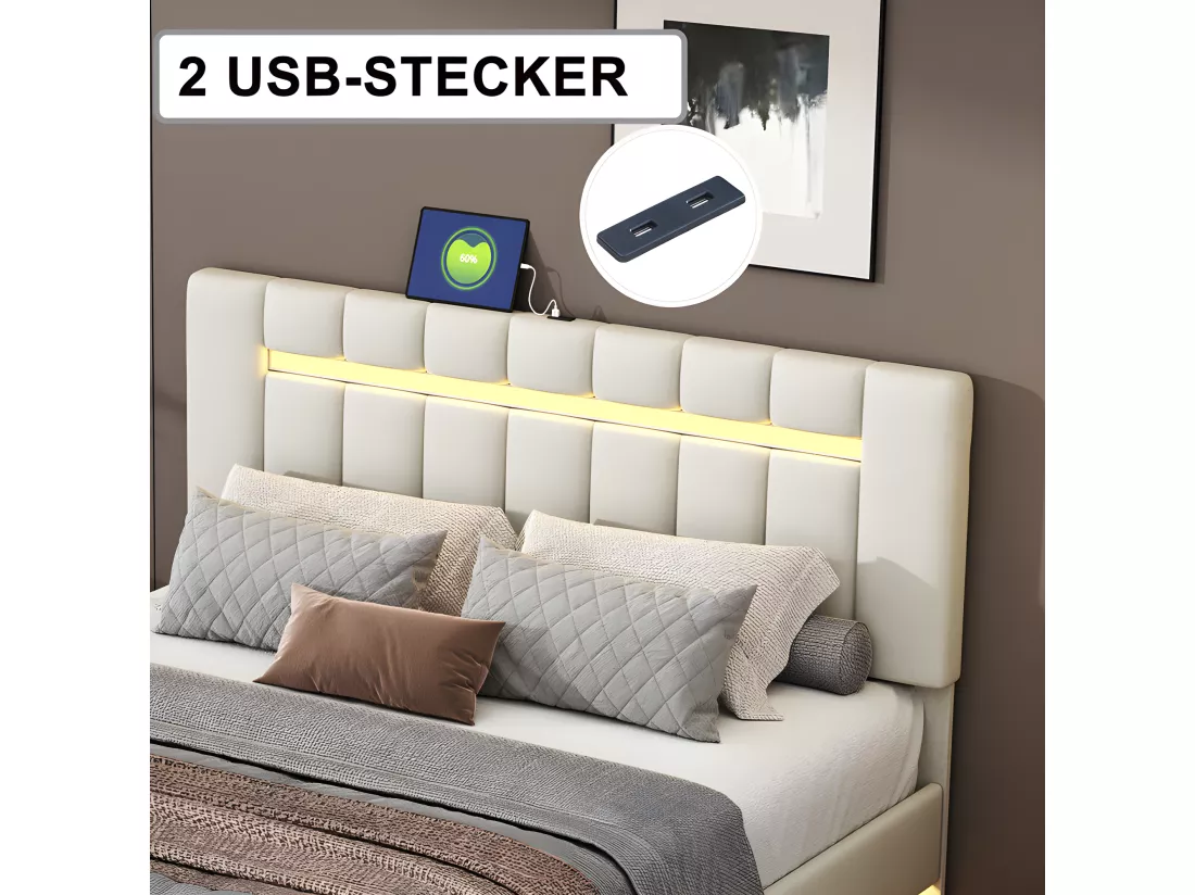 Lit rembourré en lin - 160x200cm - avec éclairage LED et Ports de charge USB - Beige