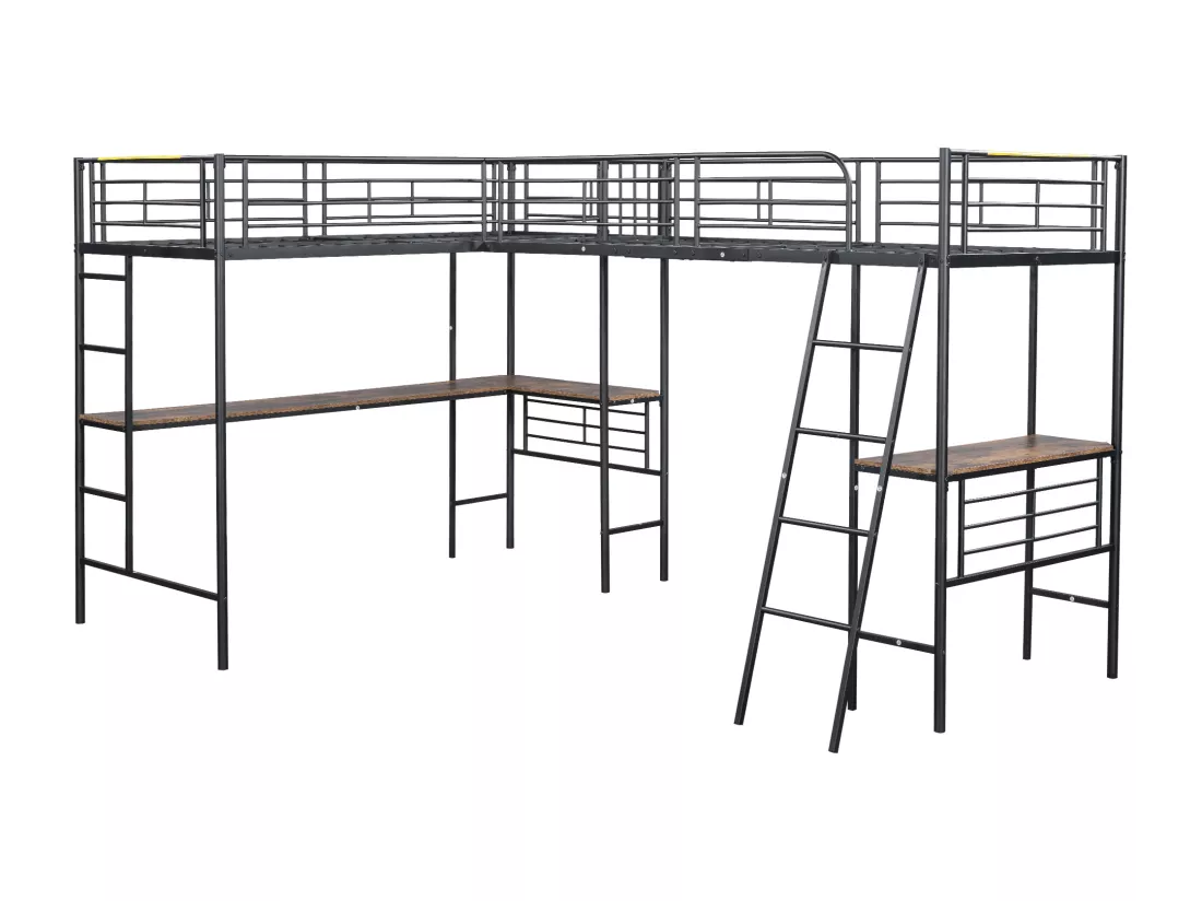 Lit mezzanine 2 places - 2 x 90 x 200 cm - avec bureau d'angle et échelles - métal - noir