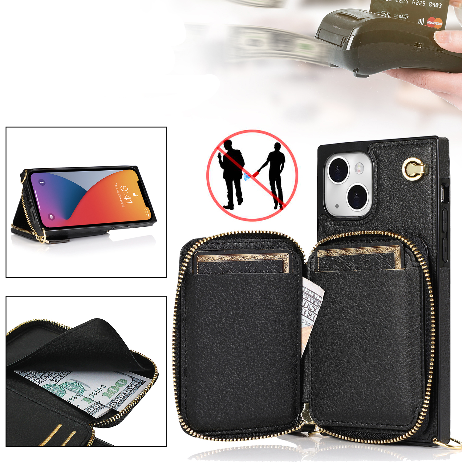 iPhone 13 Necklace Leder Schutz Hülle mit Kartenfächer   Handykette (140cm) - Schwarz