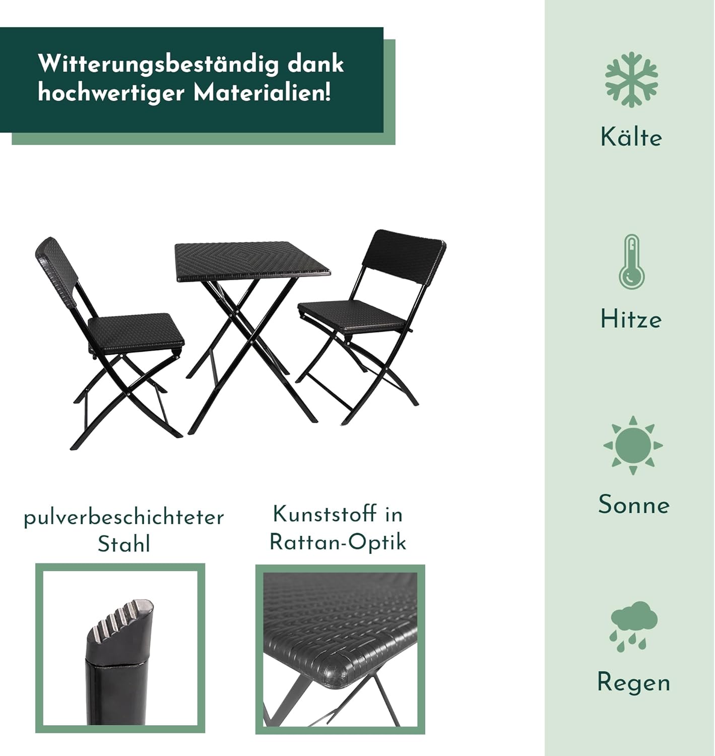 Lemodo Balkonmöbel Set 3-teilig bestehend aus 2X Balkon Stühle und 1x Balkontisch, Balkon Set für 2 Personen, klappbares Bistroset in Rattan-Optik, stabiles Balkonset