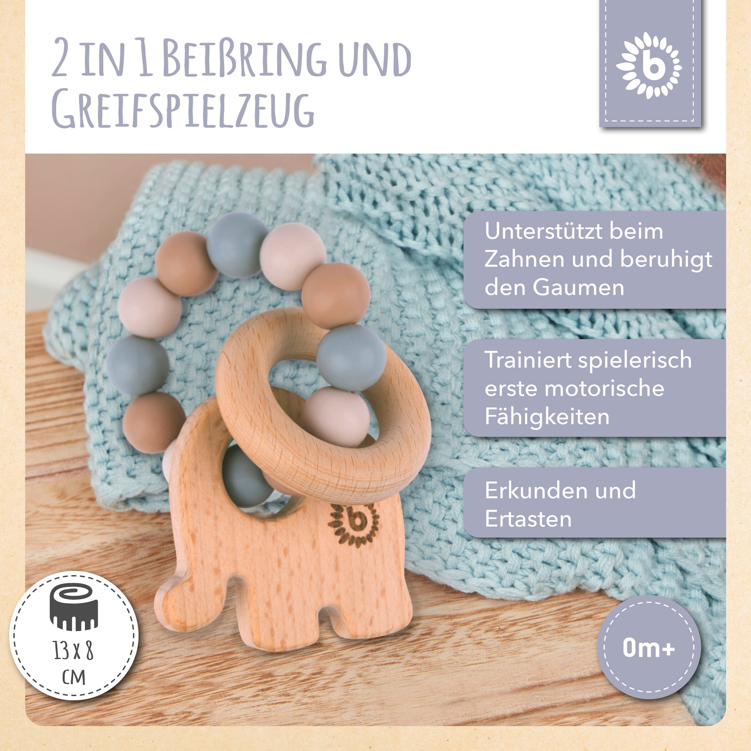 Bieco Greifling Holz Natur mit Silikon Elefant - ab Geburt Beige