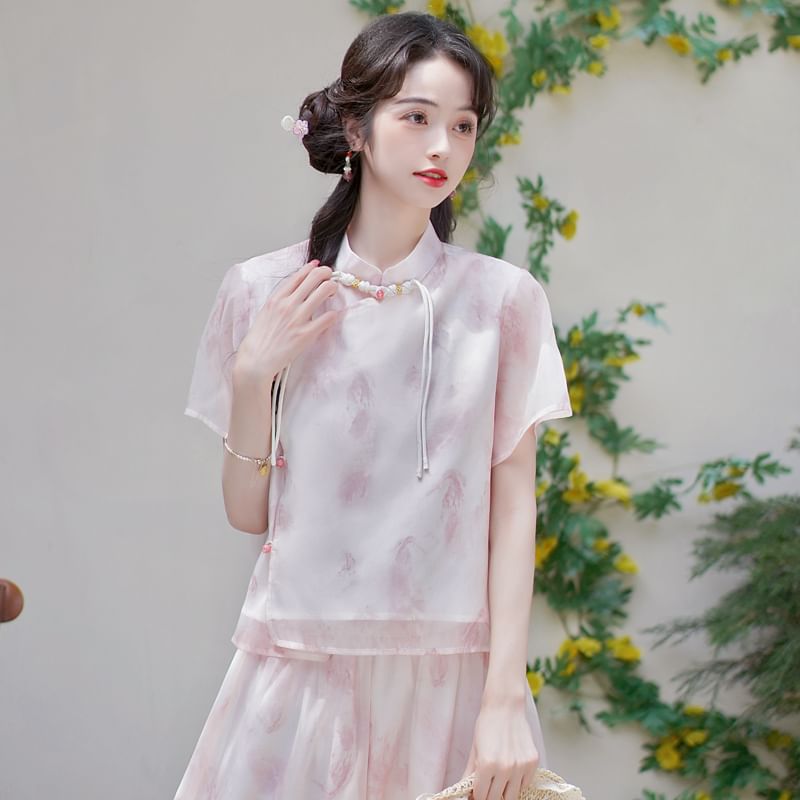 Fioridi - Hanfu-top met korte mouwen en bloemenprint, kikkerknoopjes en hoge taille, midi-A-lijn rok