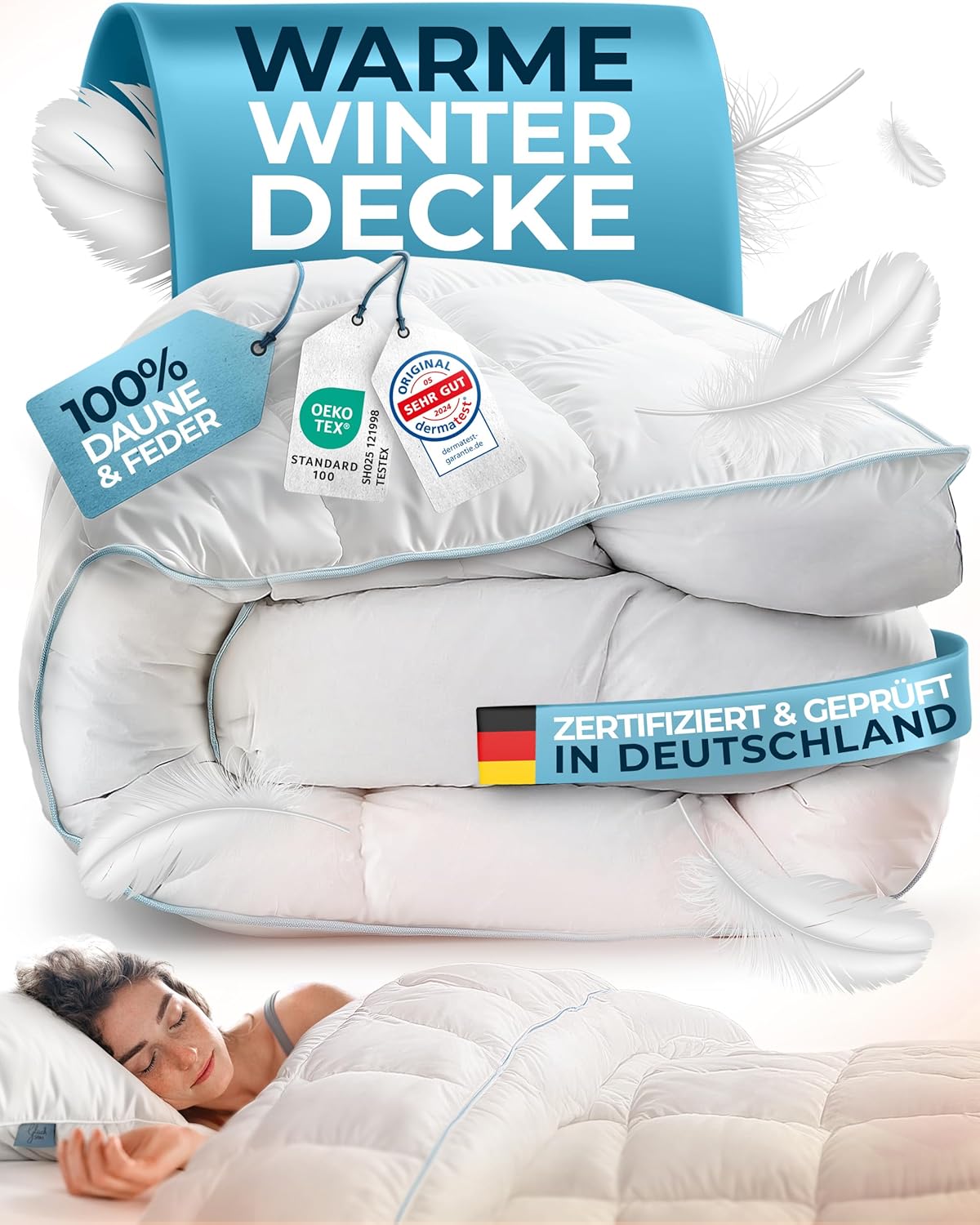 Glückstoff® Winterdecke aus Federn und Daunen 135x200cm [Zertifiziert in Deutschland] - Dicke Bettdecke Winter Waschbar - Warme Daunendecke Allergiker - Schlafdecke Zudecke - Decke Extra Warm - Duvet