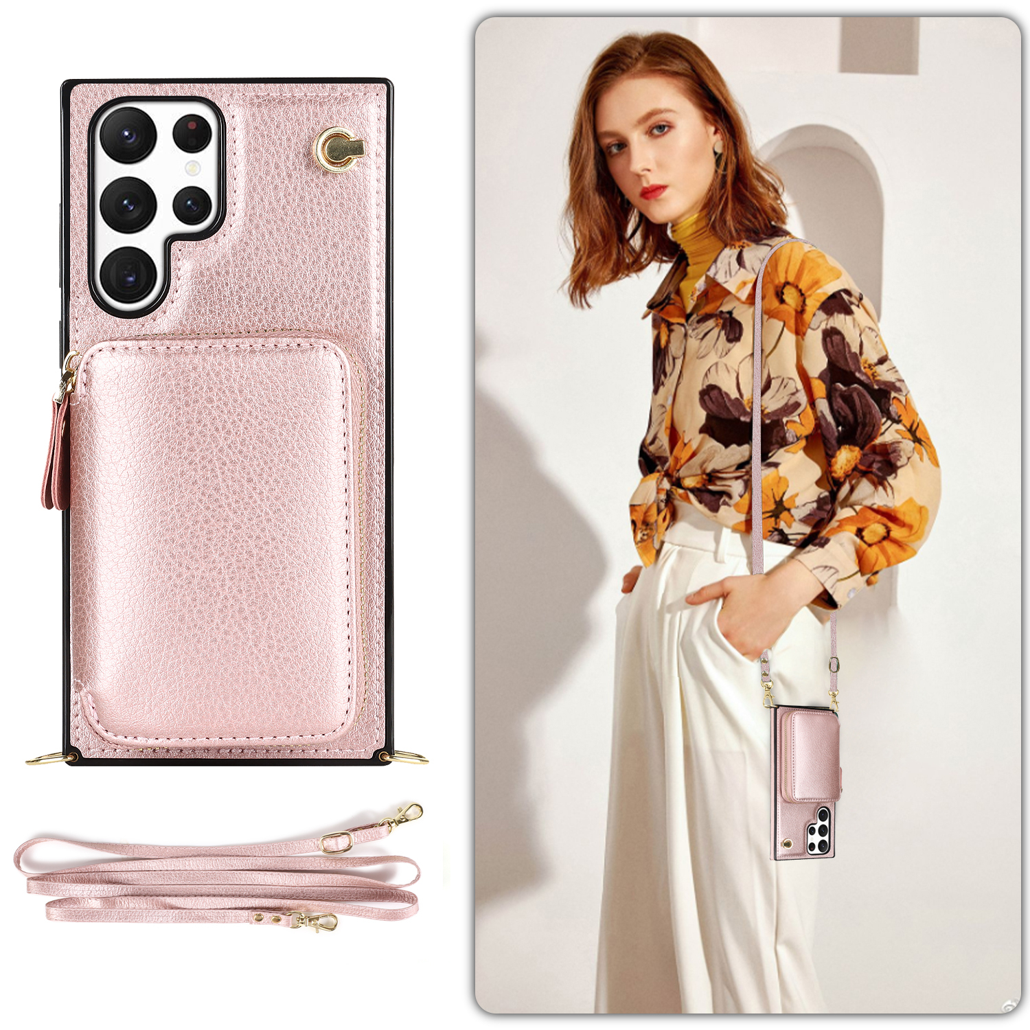 Samsung Galaxy S23 Ultra 5G Necklace Leder Schutz Hülle mit Kartenfächer   Handykette (140cm) - Roségold