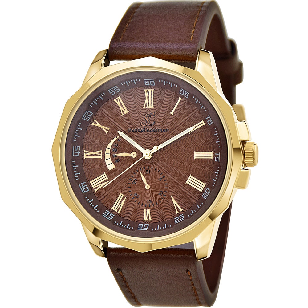 Montre - Laiton doré & similicuir marron - Homme - 49 mm