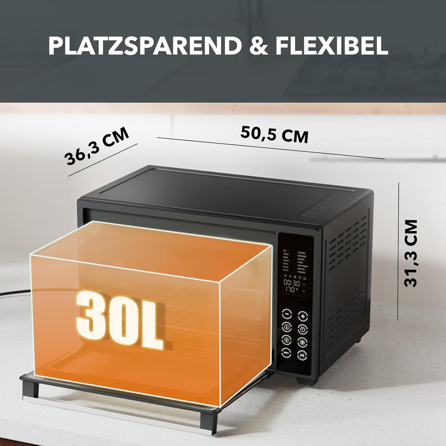 Heinrich´s Multibackofen, Minibackofen mit 30L Volumen, mit Umluft, inkl. 8h Timer, Innenraumbeleuchtung, einstellbar zwischen 100-230 °C, mit Touch-Bedienung, inkl. Zubehör, schwarz, 1600W