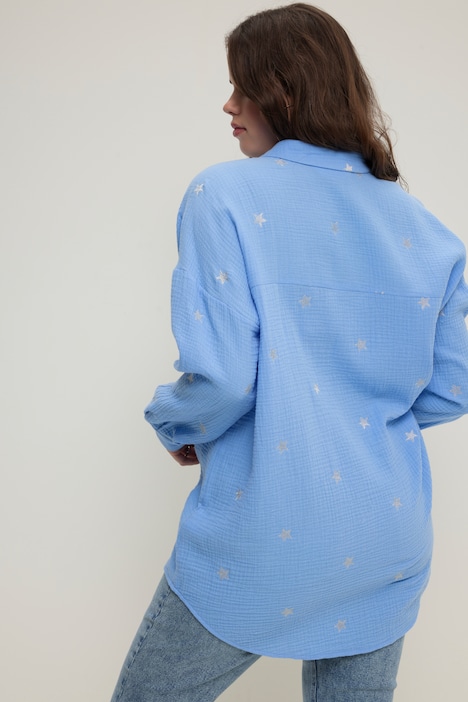 Hemdbluse, oversized, Musselin, Hemdkragen, Langarm, Stickerei