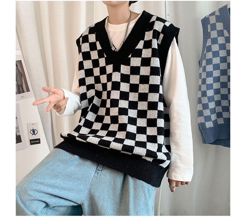 Whyessa - V-hals geruit oversized gebreid vest