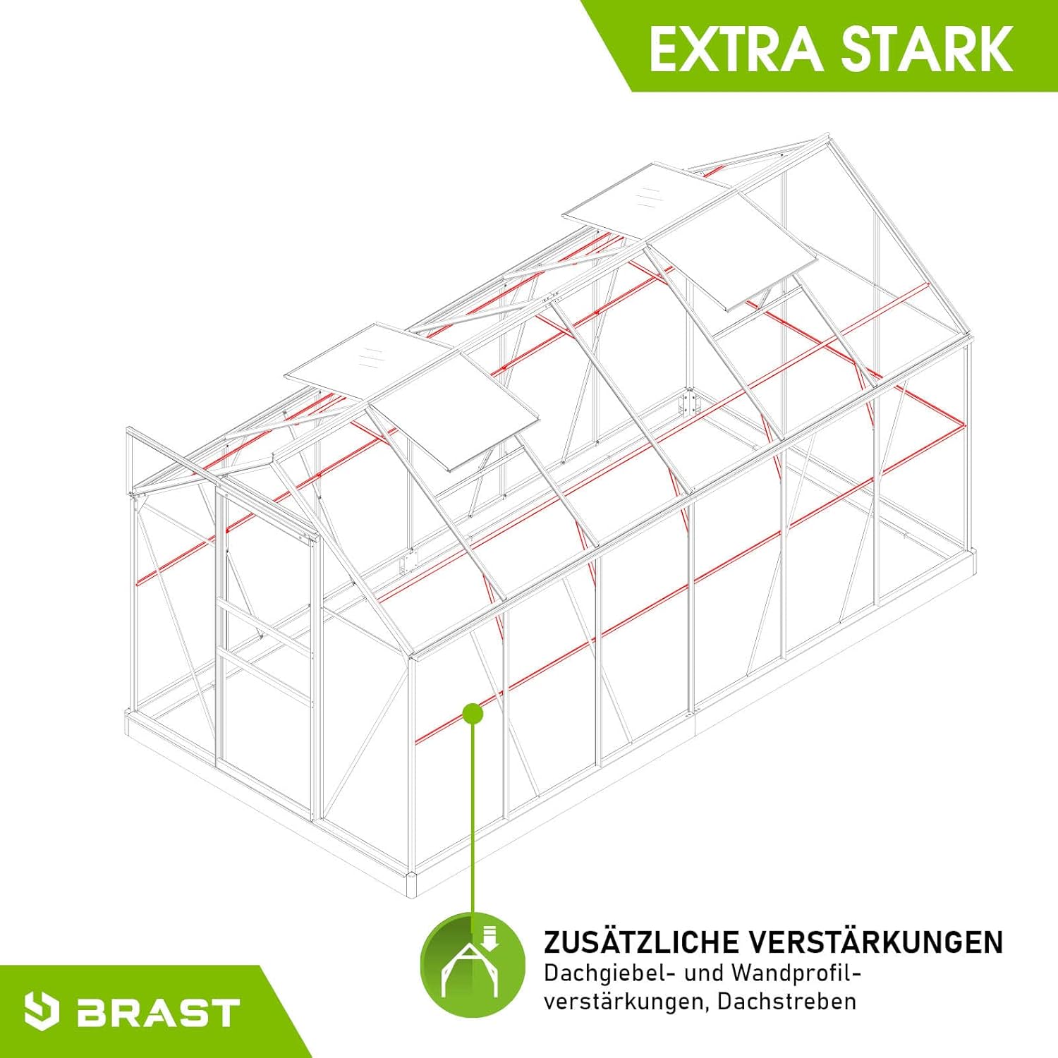 BRAST Gewächshaus Aluminium mit Fundament | 42 Modelle | 130x190x195cm - 490x250x235cm | TÜV geprüft | 6mm Hohlkammerplatten | rostfrei wetterfest temperaturbeständig | 380x190x195cm Grün