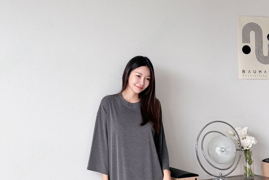 Chubby Girl - 3/4-mouw effen losse midi-jurk