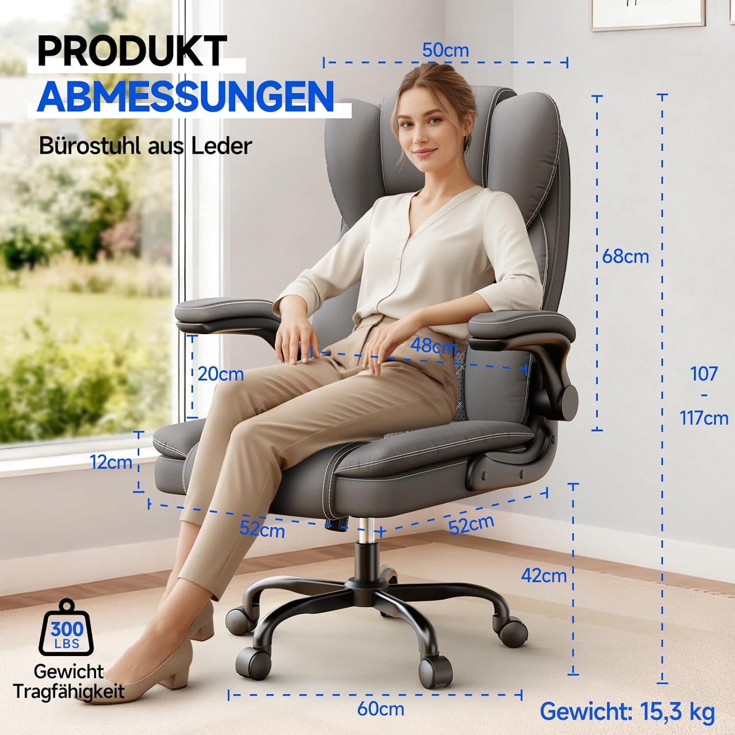 rattantree Bürostuhl, Großer Ergonomischer Bürostuhl mit Verstellbarer Lendenwirbelstütze, PU Leder Chefsessel, Drehstuhl mit Hochklappbaren Armlehnen, Liegestuhl für Büro und Zuhause, Grau