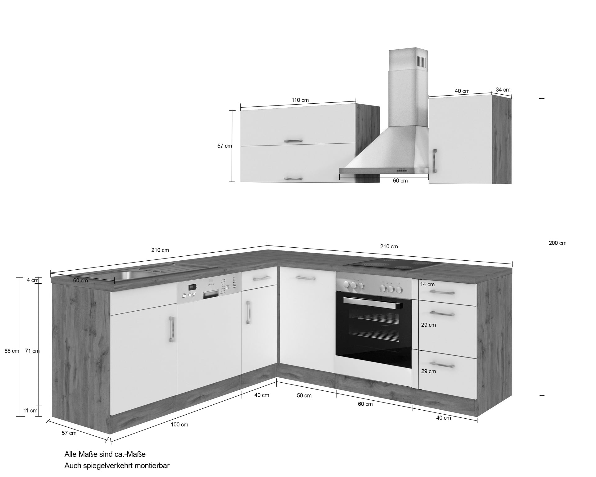 Winkelzeile Odense Anthrazit/Wotan Eiche NB 210/210x200x60cm