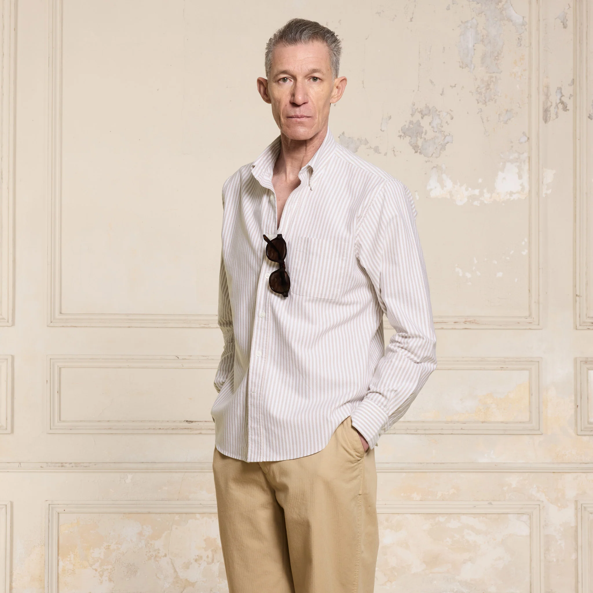 Organic cotton shirt with beige and white stripes