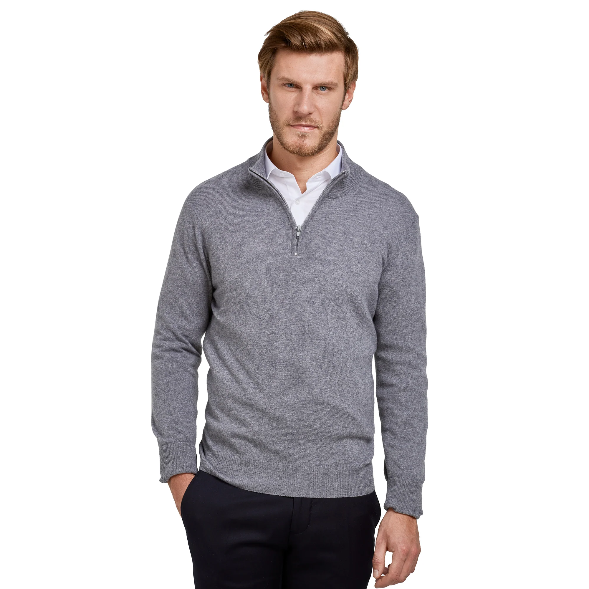 Pull col zip laine Mérinos et cachemire gris