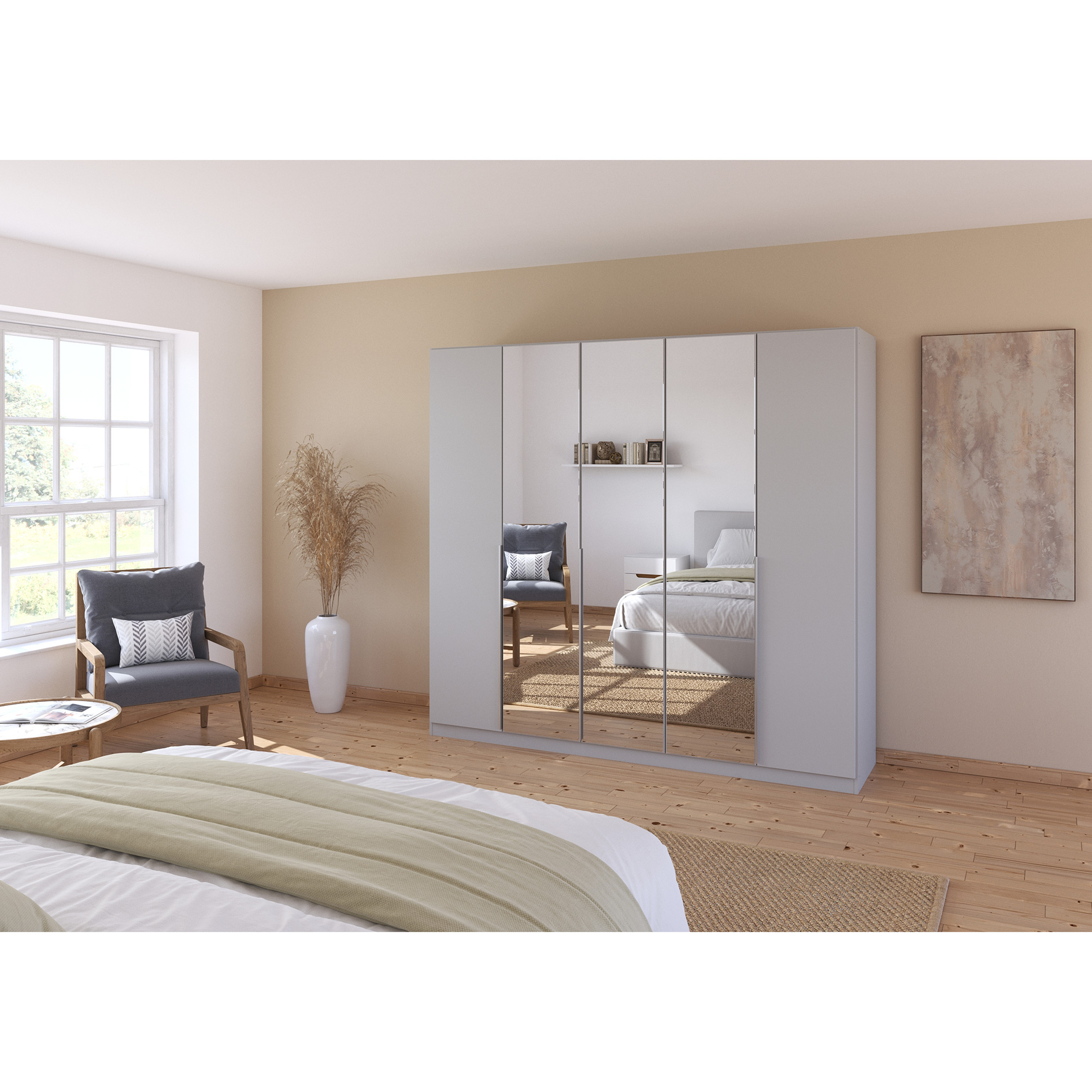 Drehtürenschrank - seidengrau - Kristallglasspiegel - 5-türig - 226x210 cm