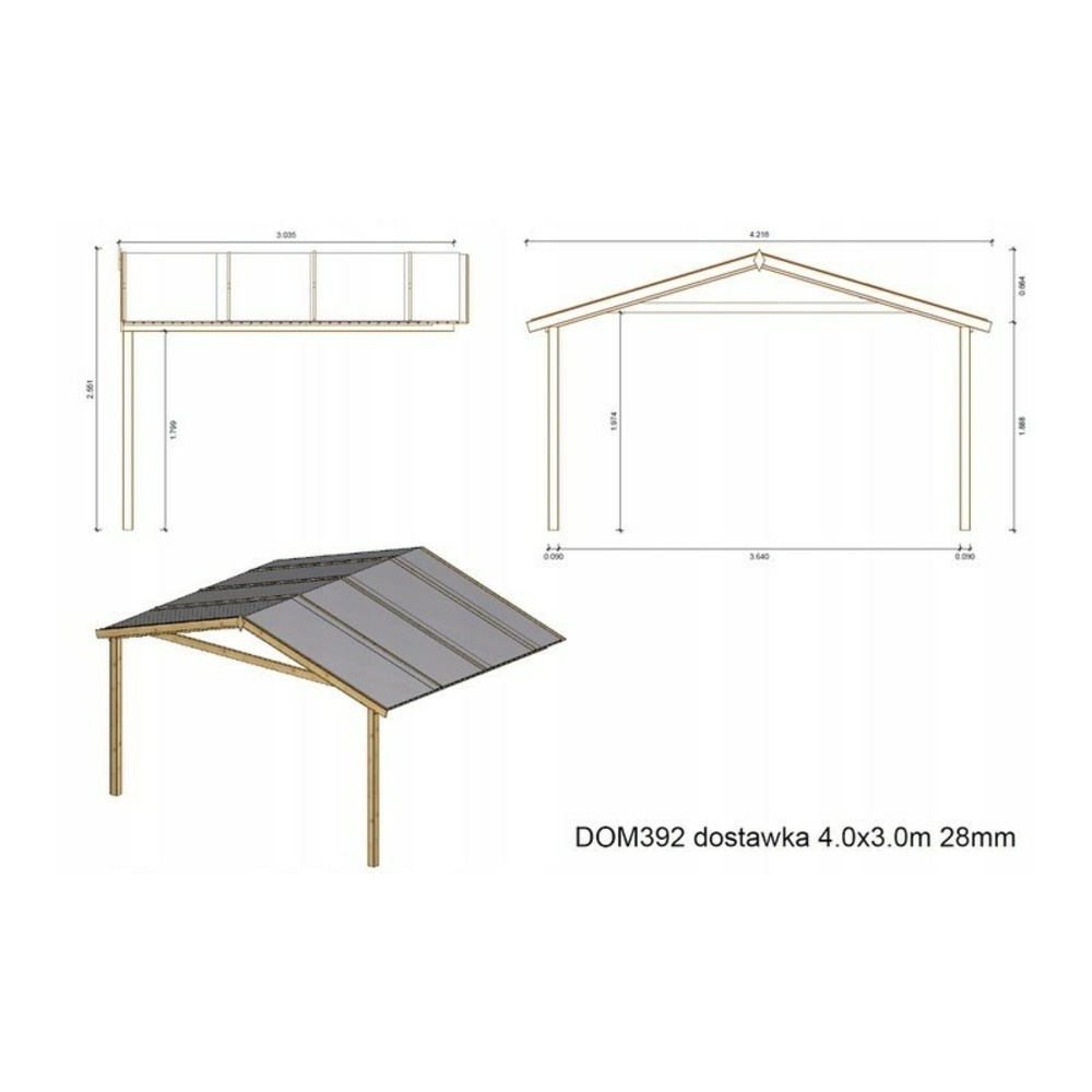 Abri de jardin en bois - 4x4 m - 28 m2 + terrasse avec balustrade et avant-toit en bois
