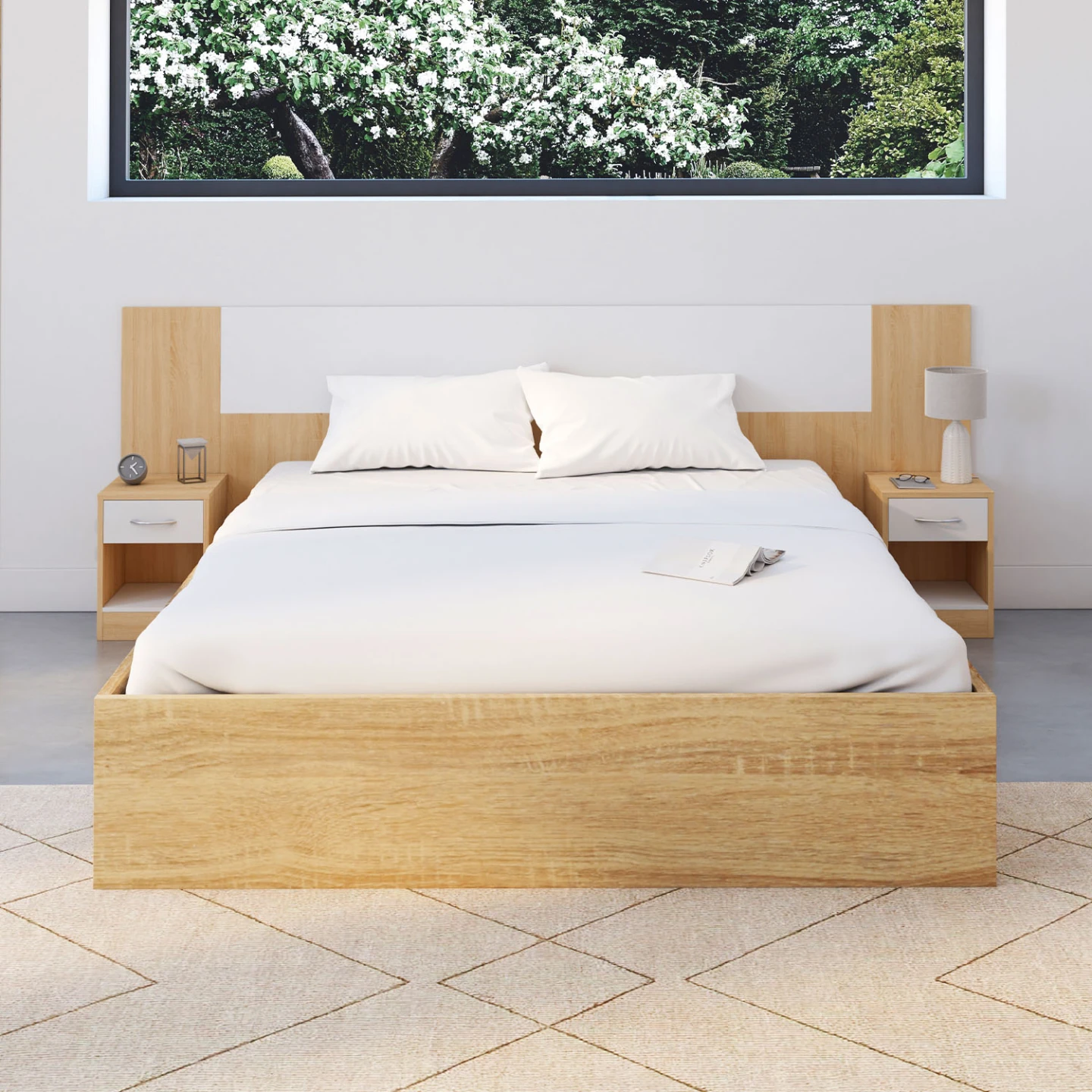 Tête de lit sur pied avec chevets modulables SAPA pour lit 140, 160 ou 180 cm bois et blanc