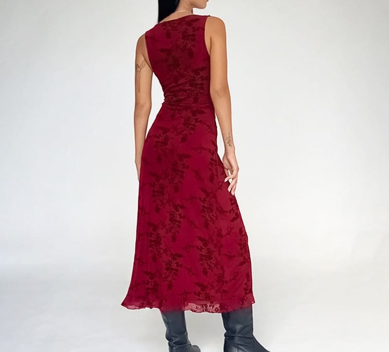 pitaluka - Mouwloze V-hals maxi-A-lijn jurk met bloemenprint en mesh