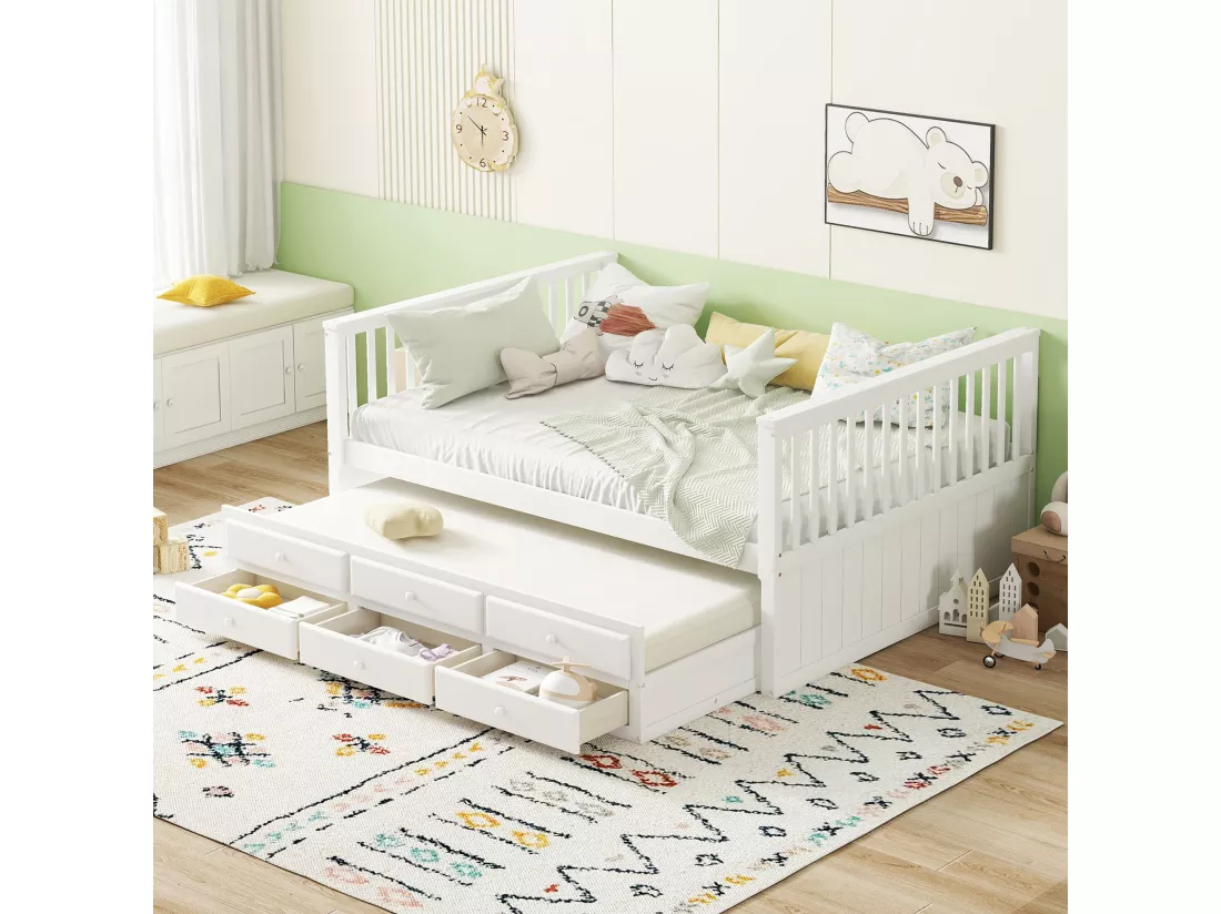 Lit gigogne 140 x 200 cm + 90 x 190 cm avec 3 tiroirs - bois de pin + MDF - blanc