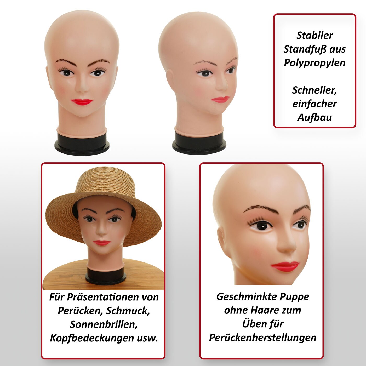2x Mannequin-Kopf MCW-G81, Perückenpuppe weiblich Frau Schaufensterfigur Puppe Schaufensterpuppe, 30cm