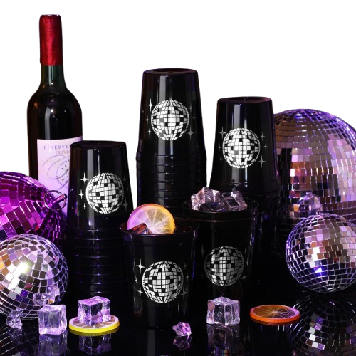 (12er Set) Mehrweg Becher Wiederverwendbare Disco Party Cups Discokugel Tisch Deko - Schwarz