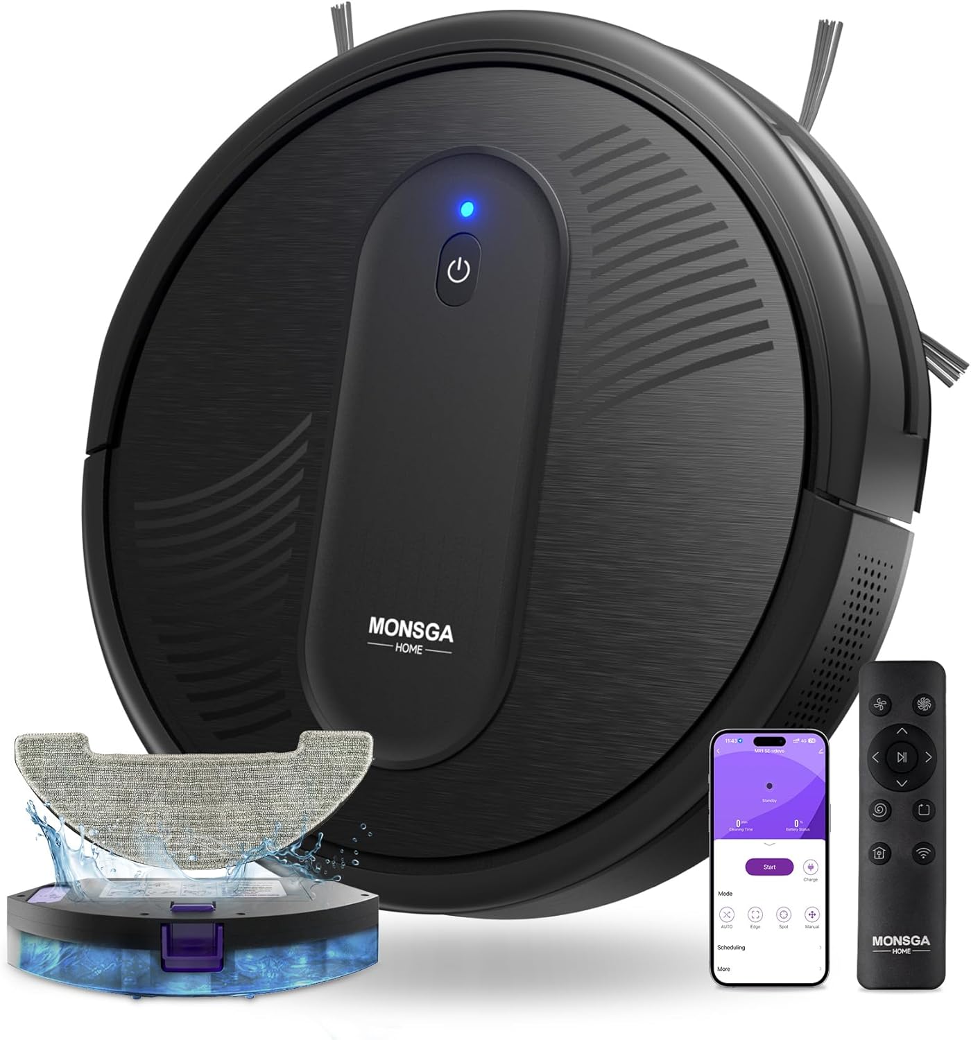 MONSGA Saugroboter mit Wischfunktion 4000PA, Saug und Wischroboter 3 in 1 mit 2 Bürsten,140Min Laufzeit, Staubsauger Roboter mit Auto-Teppich-Boost für Tierhaare Teppich Böden, APP Steuerung