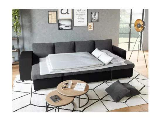 Canapé panoramique Oslo convertible avec coffres, poufs à droite - Simili/Microfibre - Noir/Gris - L311 x P146 x H81cm - Loungitude