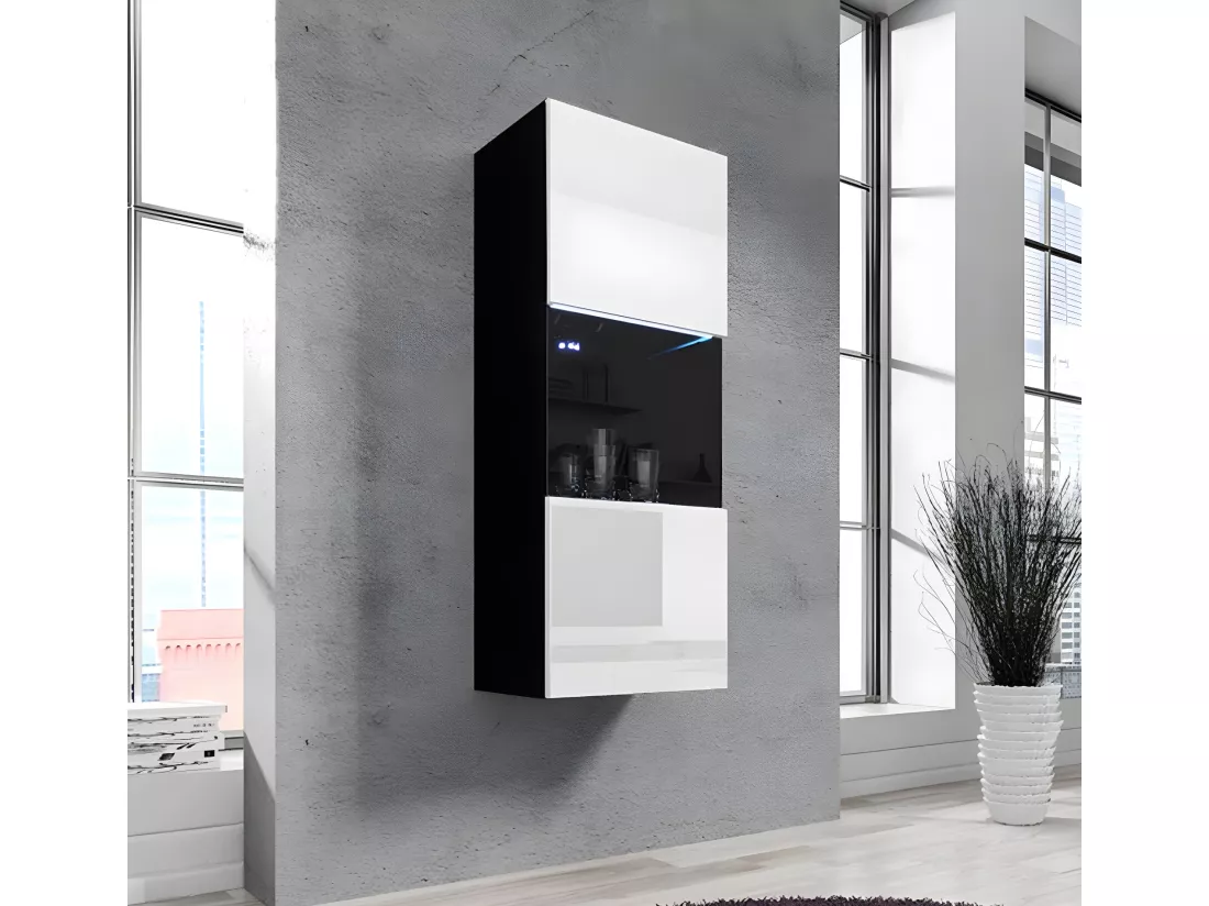 Vitrine suspendue pour Salon Salle à manger en Noir et Blanc avec LED 40x29x126cm Nora V3
